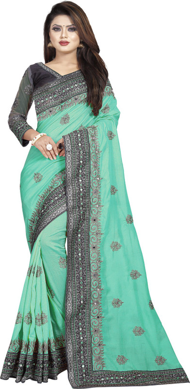 nine sister Embroidered Bollywood Poly Silk Saree(Dark Green)
