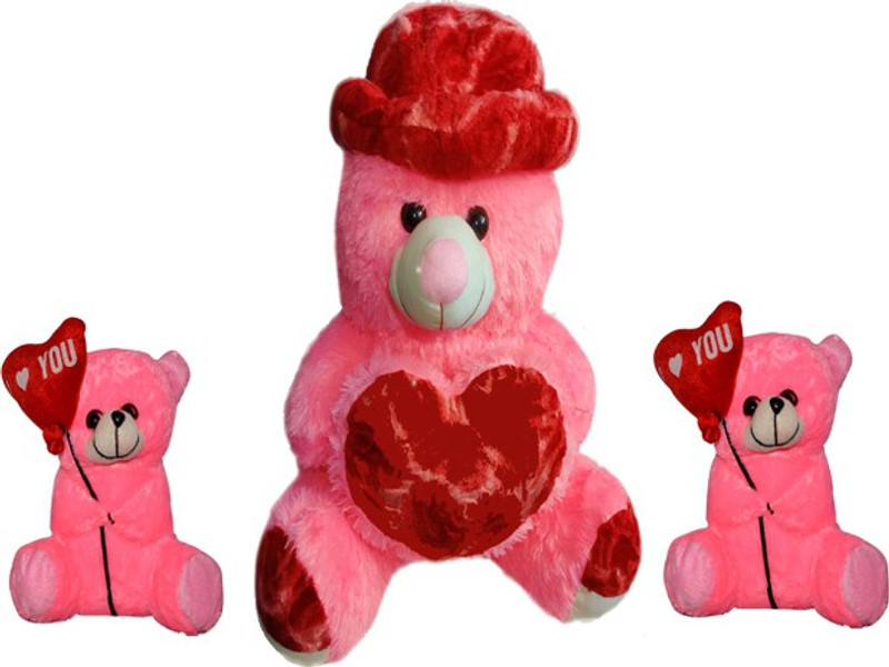 stuffed toy 3 FEET BABY PINK TEDDY BEAR WITH 2 CUTE HEART BALLOON BABY BEAR  - 90 cm(Pink, Red)