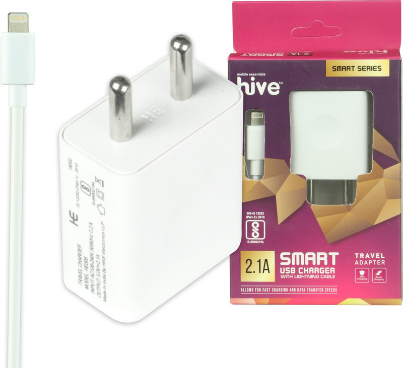 hive HE012 2.1A USB Wall Charger with Lightening Data Cable 2.1 A Multiport Mobile Charger with Detachable Cable(White, Cable Included)