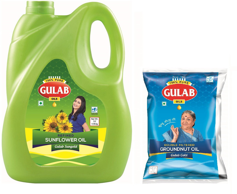 gulab oils 1L GROUND NUT POUCH + 5L REFINED Sunflower Oil Can(2 x 3 L)