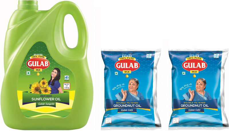 gulab oils 1L 2 POUCH GROUND NUT +5L REFINED Sunflower Oil Can(3 x 2.33 L)
