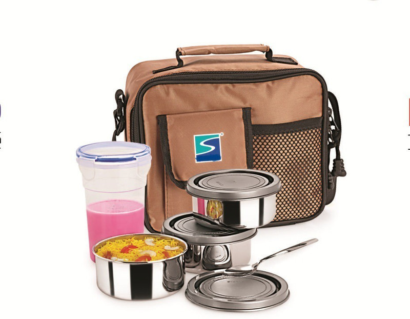 spyker Khao piyo, 3 Stainless steel Air Tight Containers + Lid + Spoon + Juice Glass (600 ml) 3 Containers Lunch Box(600 ml)