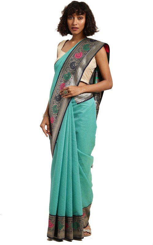 Varkala Silk Sarees Self Design, Woven Banarasi Cotton Silk Saree(Blue, Light Green)