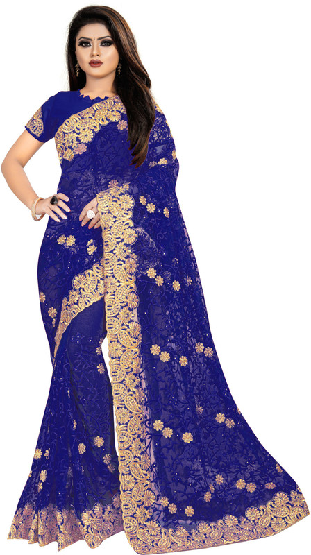 nine sister Embroidered Bollywood Net Saree(Blue)