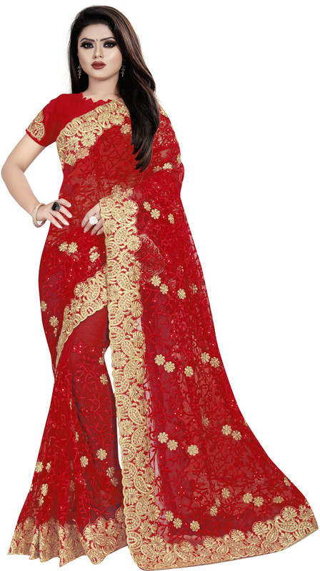 nine sister Embroidered Bollywood Net Saree(Red)