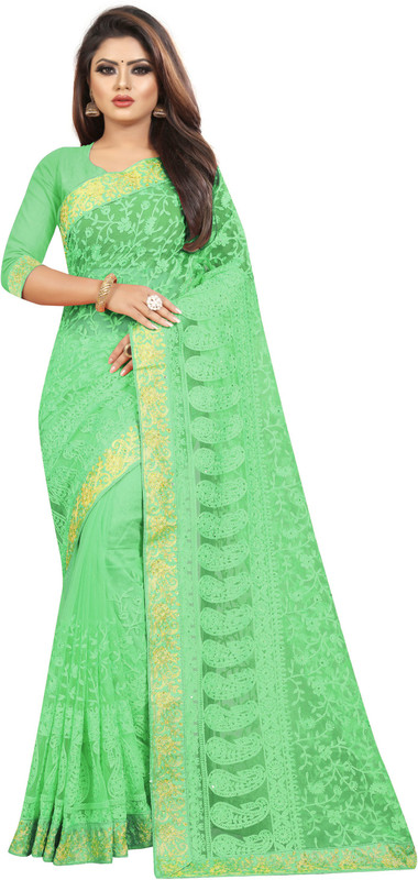 nine sister Embroidered Bollywood Net Saree(Green)