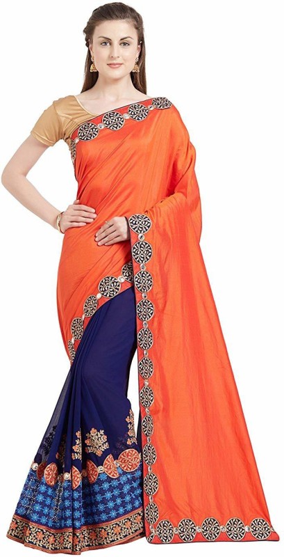 Gymfy Printed, Embroidered, Embellished, Applique, Solid Bollywood Pure Georgette Saree(Orange)