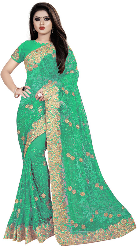 nine sister Embroidered Bollywood Net Saree(Green)