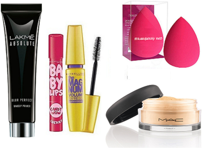 strawberryred sponge puff 2,primer, baby lip balm,the mag num mascara,loose powder(4 Items in the set)