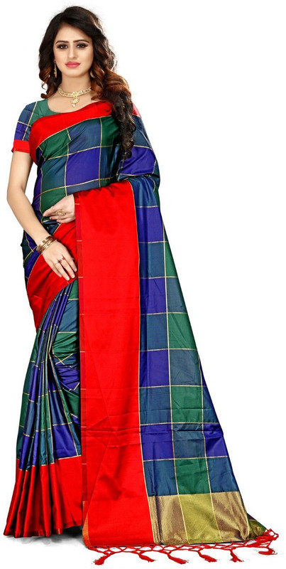 kayra Checkered Banarasi Cotton Silk Saree(Blue)