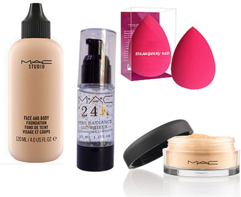 strawberryred sponge puff 2,face and body foundation,24 k primer,losse powder(4 Items in the set)