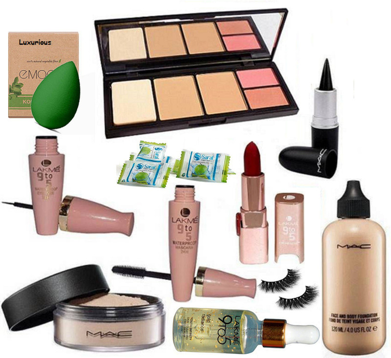 luxurious Sponge Puff,Mac Viva Glam 2 Shades Blusher,2 Shades Compact,Stick Kajal,Liner,Mascara,9 To 5 Gold Randiance Serum,Lipstick,Eyelashes,Magic Napkin Pack Of 4,Mac Loose Powder Compact,Face & Body Foundation(14 Items in the set)