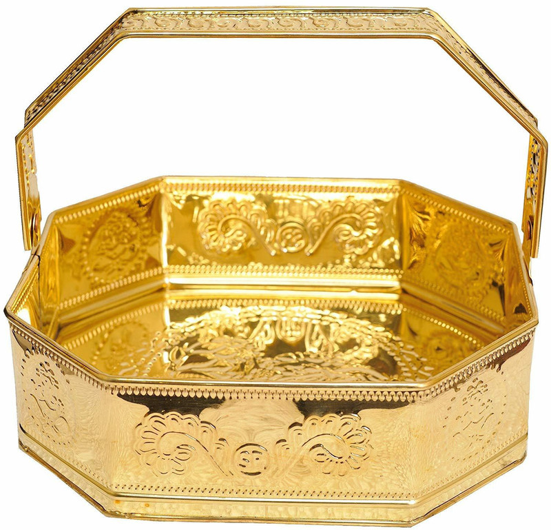 ethniccreations2 Brass Pooja Flower Basket - Big, 1 Piece, Gold Temple Puja Tokri Brass Flower Basket(W: 20 cm x H: 10 cm x D: 8 cm)
