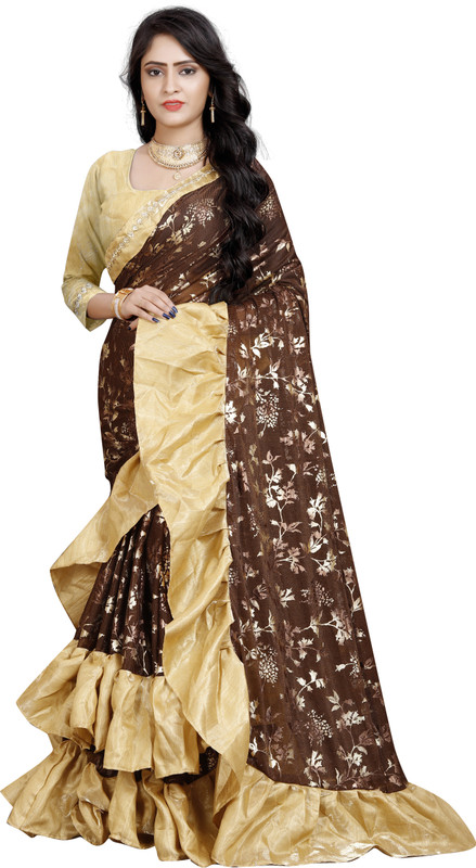 krupa fashion Printed Fashion Lycra Blend Saree(Brown, Mustard)