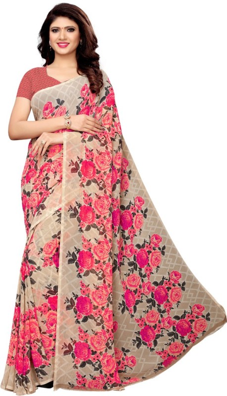 Saara Printed, Floral Print Bollywood Georgette, Chiffon Saree(Beige)