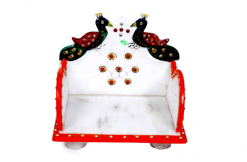 primium Marble Hand Painted Peacock Design Singhasan Stone Home Temple(Height: 10 cm)