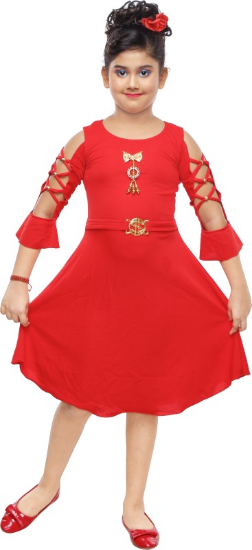 FTC FASHIONS Girls Midi/Knee Length Party Dress(Red, 3/4 Sleeve)