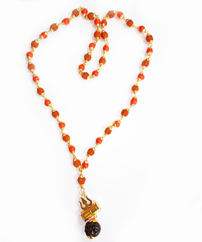 mormukut Moonga Rudraksha Mala With Trishul Pendant(Coral Mala) Coral Wood Necklace