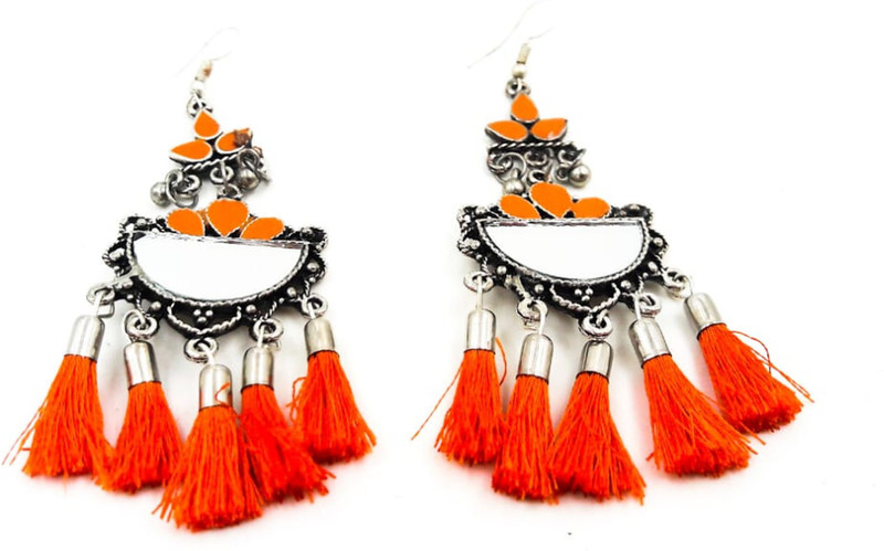 sporty trendz German Silver Orange Fancy Mirror Tassel Afgani Earrings Glass, Alloy, Fabric, Metal, Silk Dori Tassel Earring