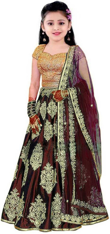 piludi Girls Lehenga Choli Ethnic Wear, Fusion Wear, Western Wear Embroidered, Embroidered Lehenga, Choli and Dupatta Set(Maroon, Pack of 1)