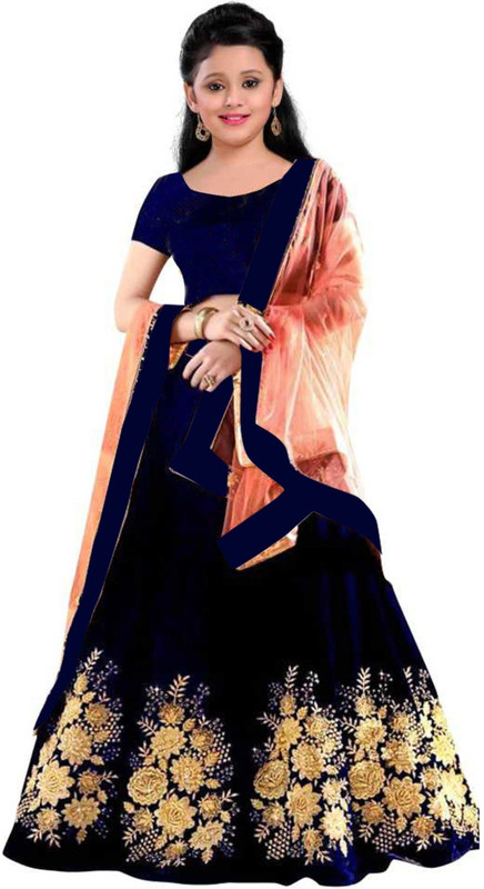 bless you enterprise Girls Lehenga Choli Ethnic Wear, Party Wear, Fusion Wear Embroidered Lehenga, Choli and Dupatta Set(Blue, Pack of 2)