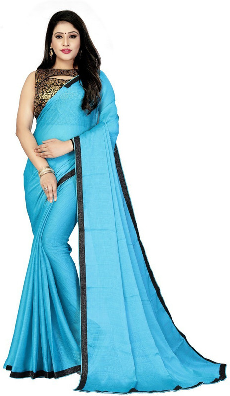 vedu creation Plain Assam Silk Chiffon Saree(Light Blue)