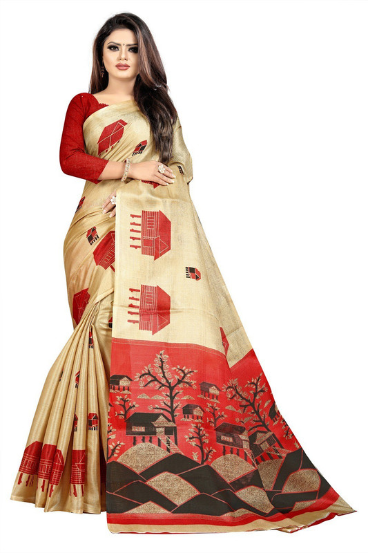 vency creation Digital Print Madhubani Khadi Cotton Saree(Cream)