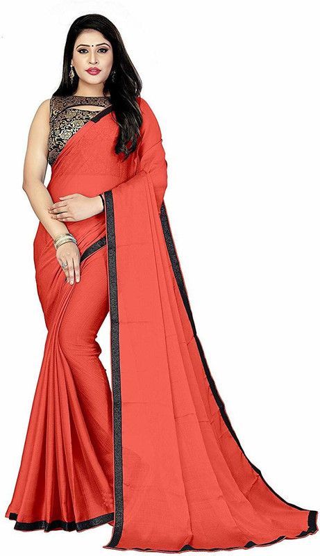 vedu creation Plain Assam Silk Chiffon Saree(Orange)
