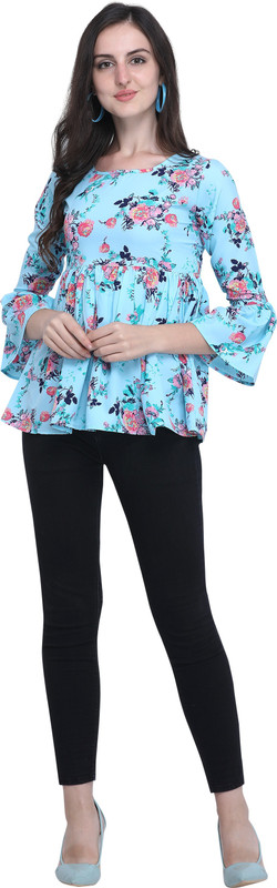 sr creative Casual Bell Sleeve Floral Print Women Light Blue Top