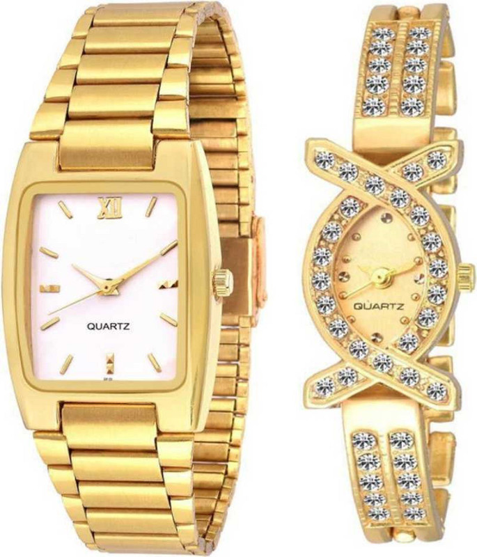 selloria new Analogue 2019 Gold Dial Men's & Women's Couple Watch (Golden+x shape) watches for Couple Analog Watch  - For Couple