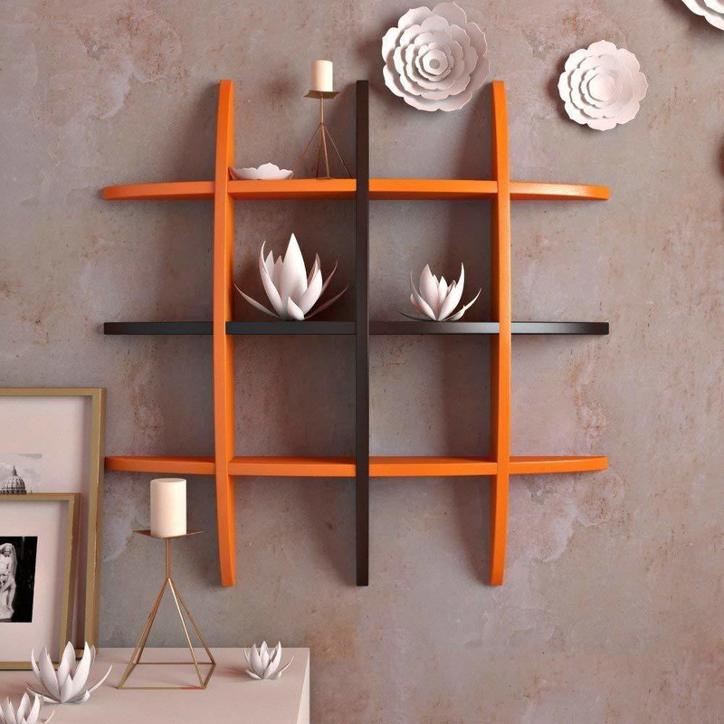 karam collections Wood Wall Rack Shelf Globe Shape Floating Wall Shelf Unit (Black & Orange) Engineered Wood Display Unit(Finish Color - BLACK AND ORANGE)