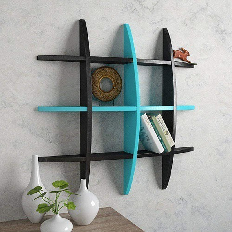 karam collections Wall Rack Shelf Globe Shape Floating Wall Shelf Unit (Black & Sky Blue) Engineered Wood Display Unit(Finish Color - SKY BLUE AND BLACK)