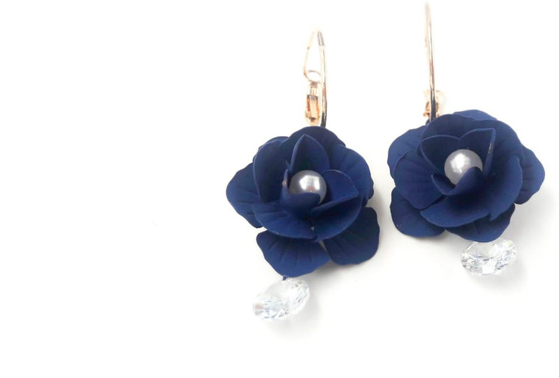 sporty trendz Austrian Diamond and Pearl Blue Flower Earring Crystal Fabric Hoop Earring