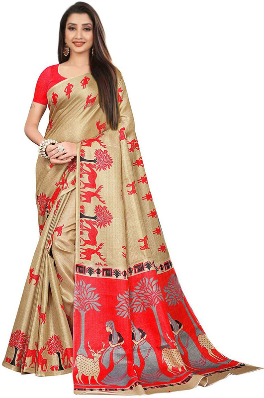 shelvinzas Printed, Animal Print Daily Wear Khadi Silk Saree(Red)