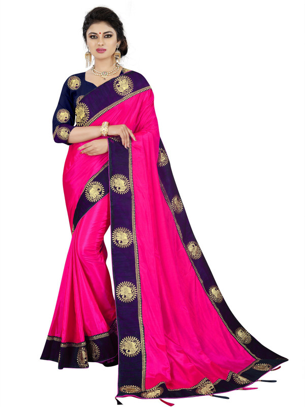 naomika Embroidered Puttapaka Silk Blend Saree(Pink)