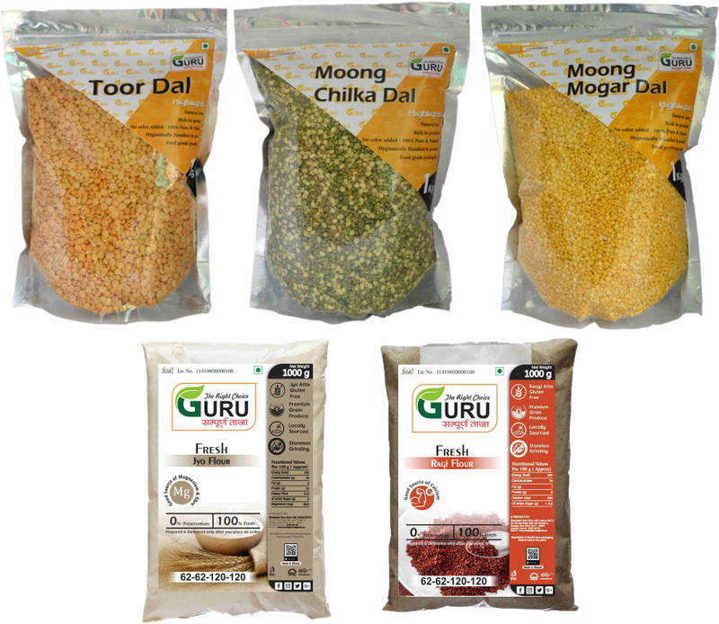 GURU SAMPOORNA TAAJA Combo Pack Of Dal & Flour - 1 kg Each Combo(Toor Dal(Arhar) - 1Kg, Moong Chilka Dal - 1Kg, Moong Mogar Dal - 1Kg, Barley Flour(Jyo Atta) - 1Kg, Finger Millet Flour(Raagi & Nachni Atta) - 1Kg)