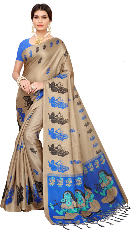 MISILY Printed Kerala Khadi Silk Saree(Beige, Blue)