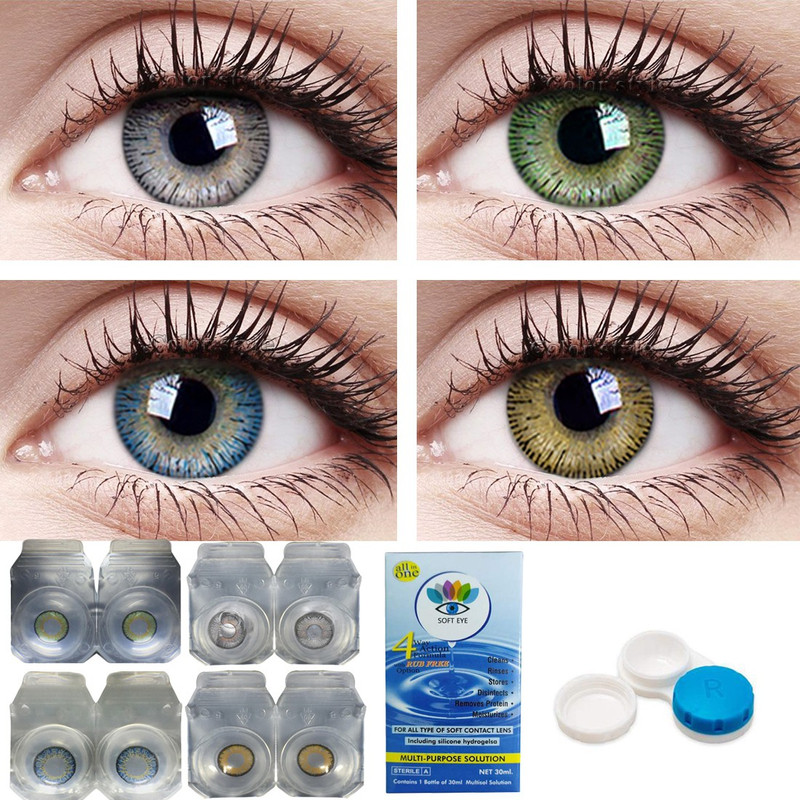 soft eye Green Grey,Hazel,Blue 4 Pair Contact Lens With Solution and lens Case Monthly Monthly(0.00, Colored Contact Lenses, Pack of 8)