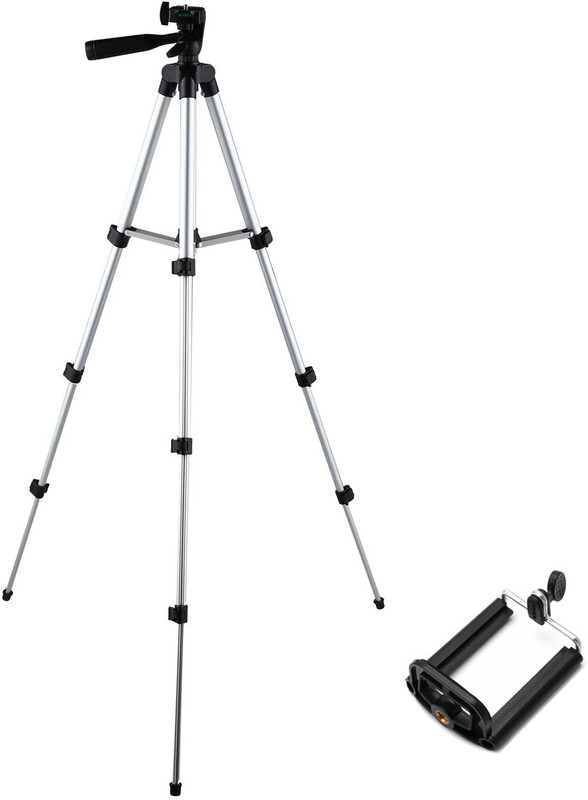 snowbudy Portable Aluminium Lightweight Camera Stand Tripod-3110 With Three-Dimensional Head & Quick Release Plate For Video Cameras and mobile clip holder for Mobiles & Smartphones Tripod(Silver, Black, Supports Up to 1500 g)
