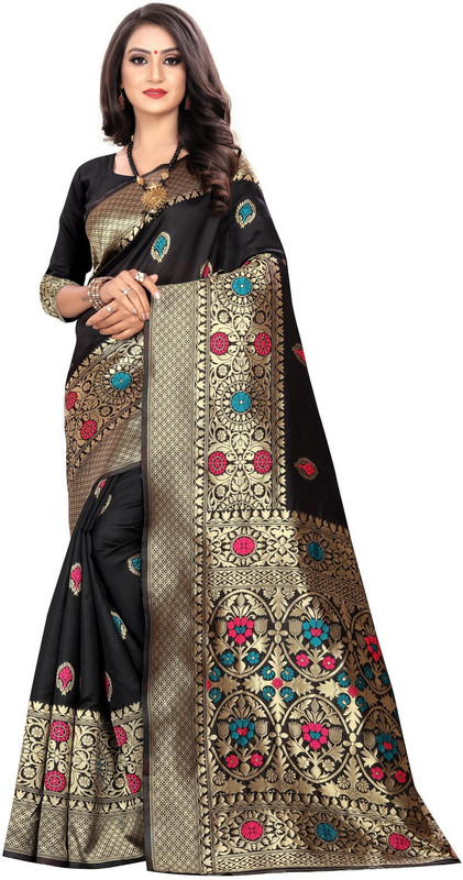 shoppershopee Woven Kanjivaram Jacquard Saree(Black)