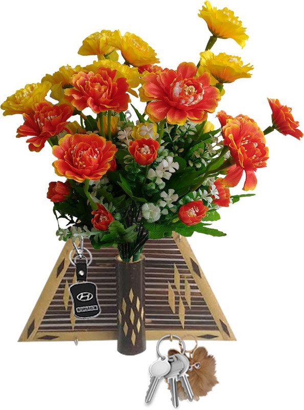 casakrafts Handcrafted Wall Decor key hanging flower vase and two bunches of Artificial flowers(10.5 inch, Multicolor, Orange, Yellow)