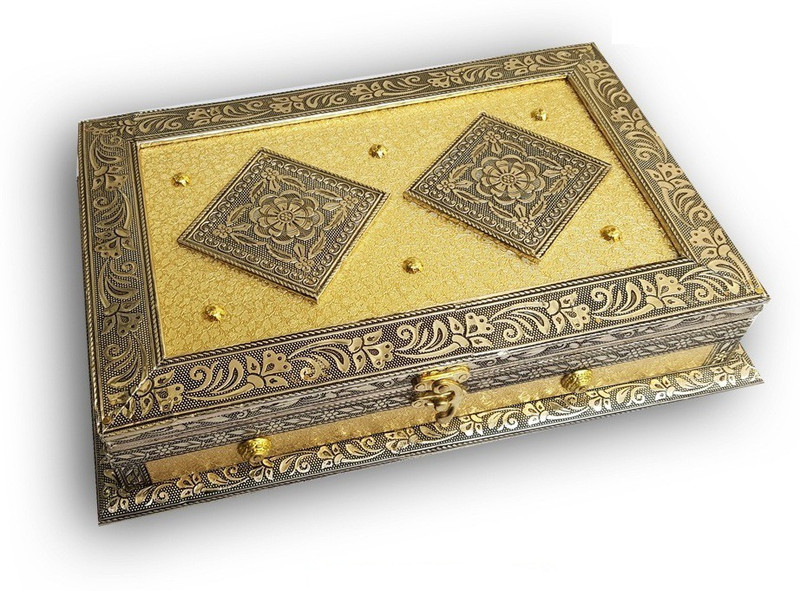nizamo Decorative Empty Dry Fruit Box/Wooden Dry Fruit Box/Sweets Box/Oxidized Dry Fruit Box/Gift Box/Mukhwash Box, Sopari Box (4 Section Box, Gold) Wood Decorative Platter(Gold)