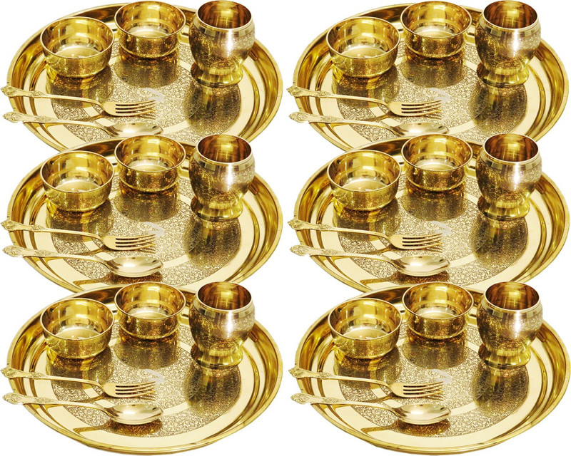 Advika Handicraft Pack of 6 Brass Handmade Embossed 6 Pices Designer Style Dinner Set ||Set Of 6||Thali Set- 6 || 12 Bowl || 6 Spoon || 6 Fork || 6 Glass || Decoration Tableware Home Restaurant Home Decorate Good Health Benefits Yoga, Ayurveda Dinner Set(Gold, Microwave Safe)