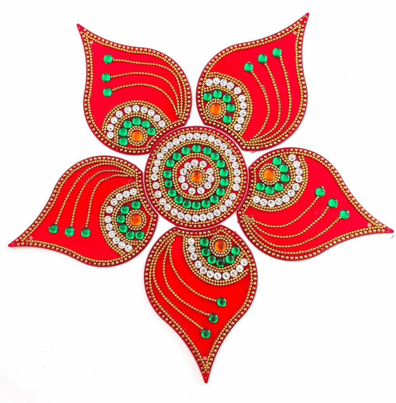 shoppyana Handmade Rangoli Handicraft Rangoli 6 pcs Set 10 inch Dia- Jewel Stone Decorations and Green, White Accents On Red Acrylic Base Decorative Showpiece  -  11 cm(Plastic, Red)
