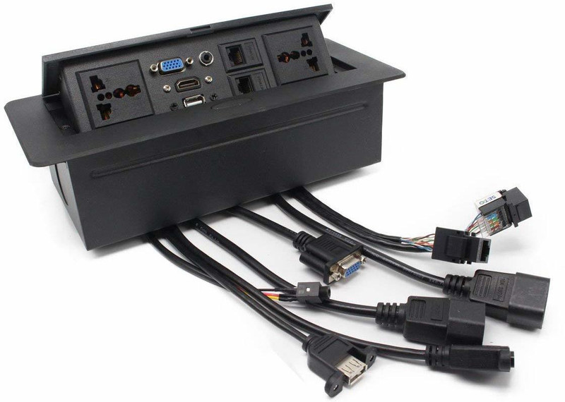 SHAPURE Tabletop Hydraulic Pop Up Box / Cable Cubby with HDMI, Audio, LAN, USB, & Power Ports High-grade desktop Media Streaming Device (Black) Media Streaming Device(Black)