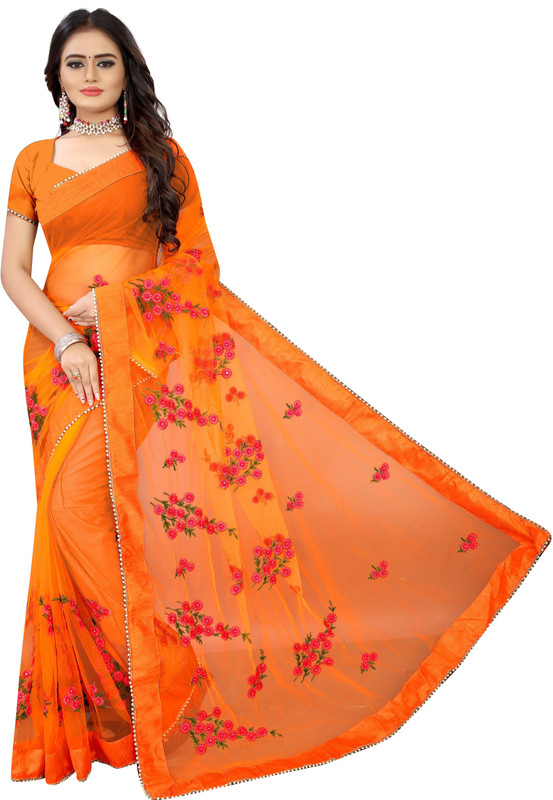 krazzykudy Embroidered Fashion Net Saree(Orange)