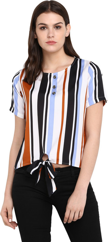 indietoga Casual Short Sleeve Striped Women White Top