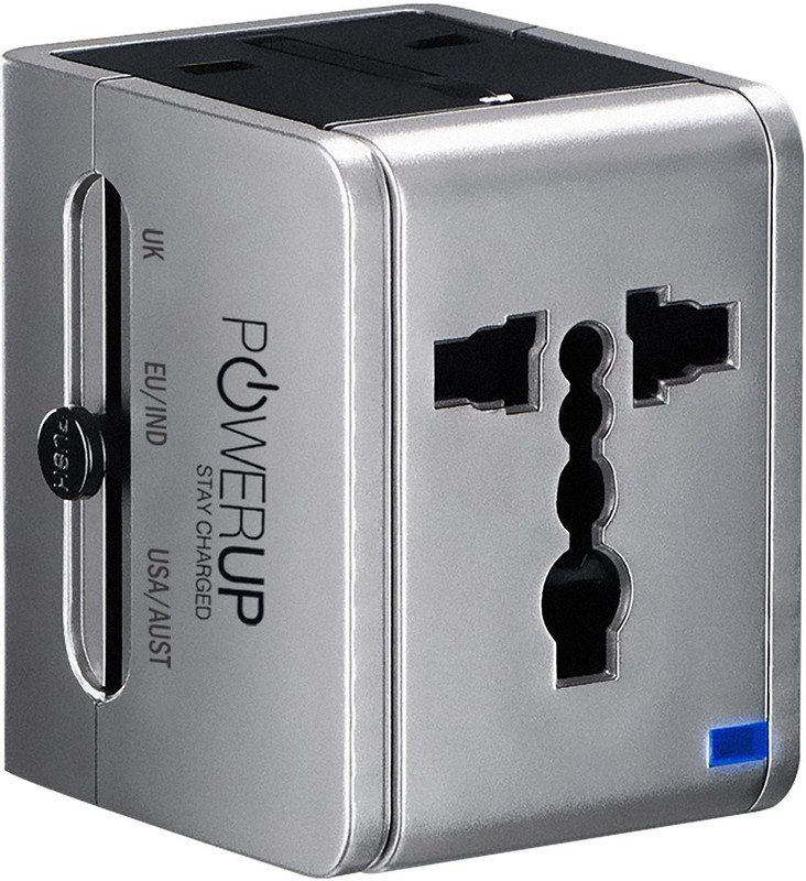 powerup stay charged Dual USB Ports Adapter Plug Worldwide Adaptor(Silver)
