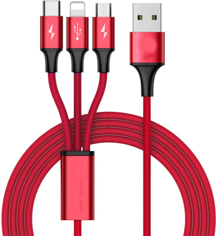 trueway Good Quality Rapid Seris 3 in 1 cable Fast Charging Cable for iPhone Micro Type C 1.5 m Power Sharing Cable(Compatible with All iPhone(5,6,7,8 & X Series),iPad & iPod, Red, Sync and Charge Cable)