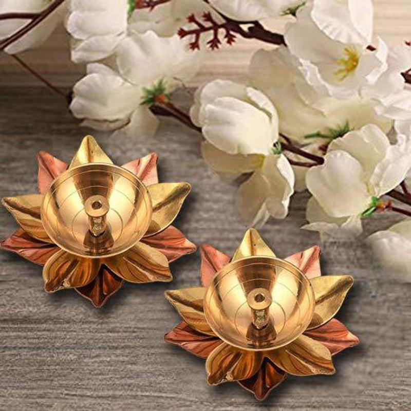 stupefying Small Bowl Crystal Diya Lotus Shape Akhand Diya For Puja Oil Lamp For Temple Home Table Diya Set Brass (Pack of 2) Table Diya Set(Height: 2 inch)